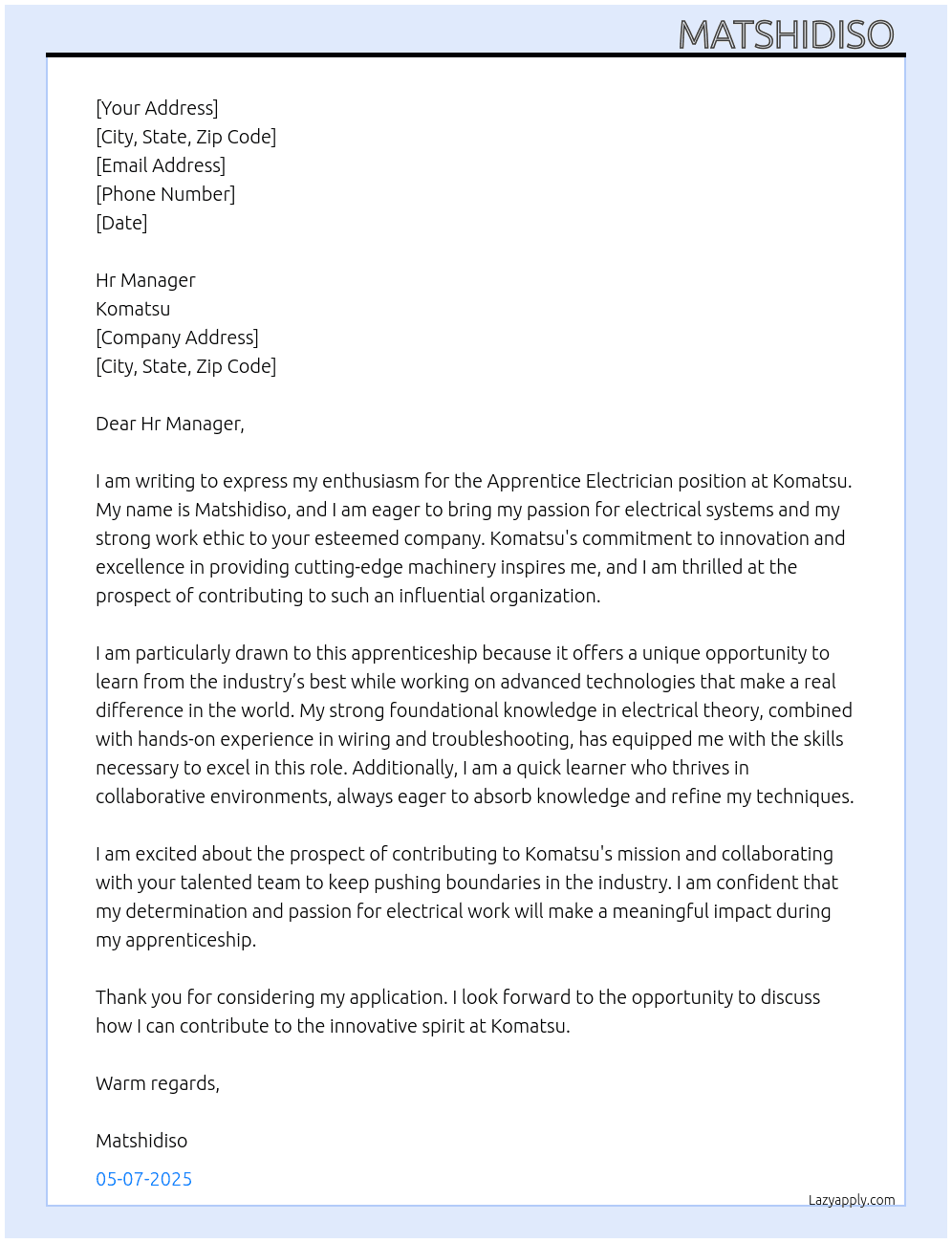 Apprentice electrician At Komatsu Cover Letter