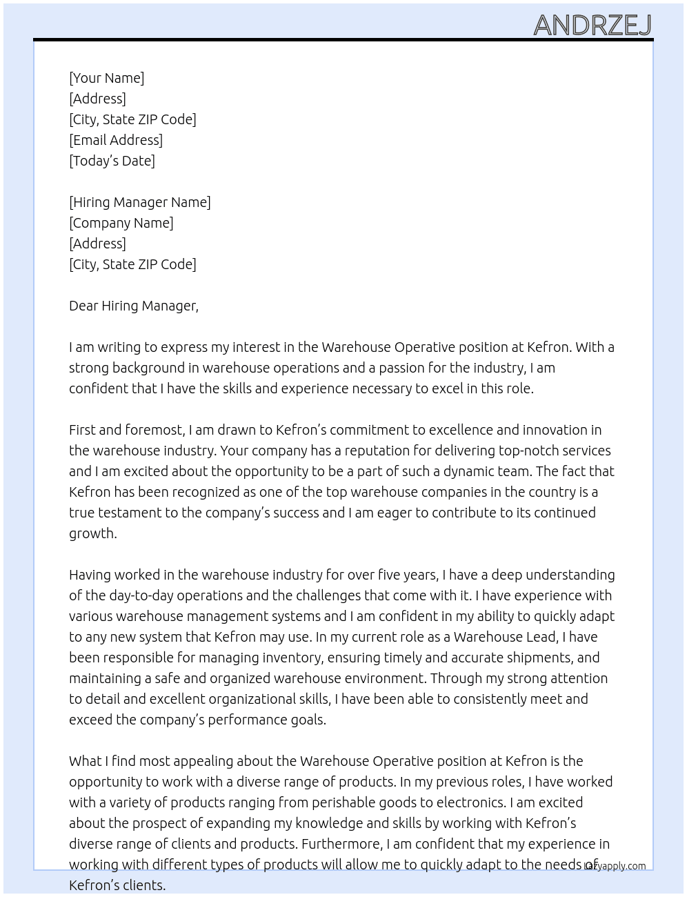 Warehouse Operative At Kefron Cover Letter