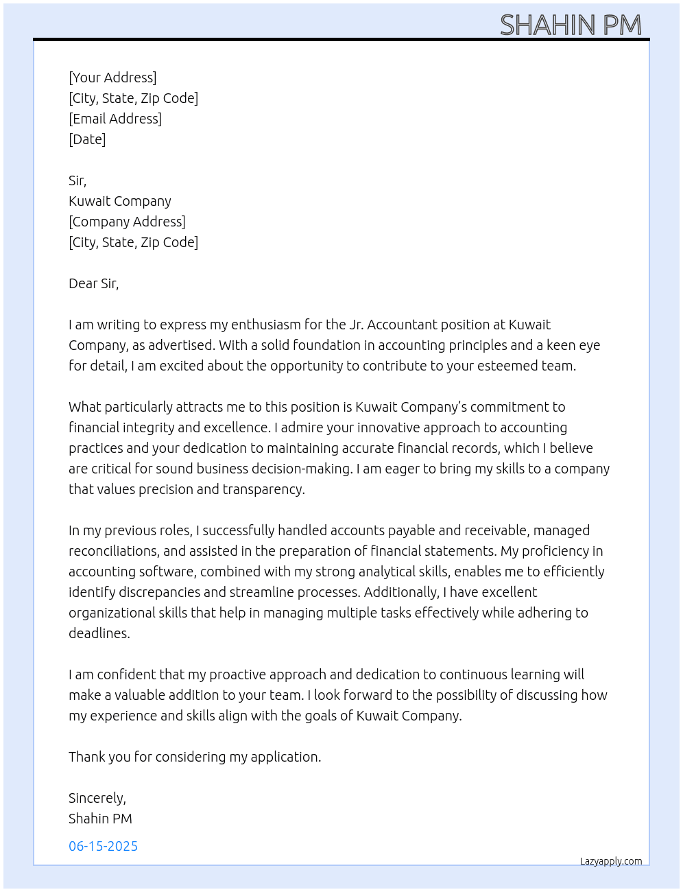 Jr. Accountant  At Kuwait company  Cover Letter