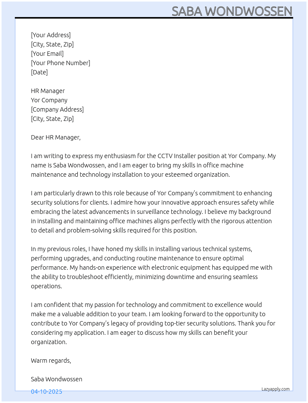 Cover letter for cctv insttaller - LazyApply
