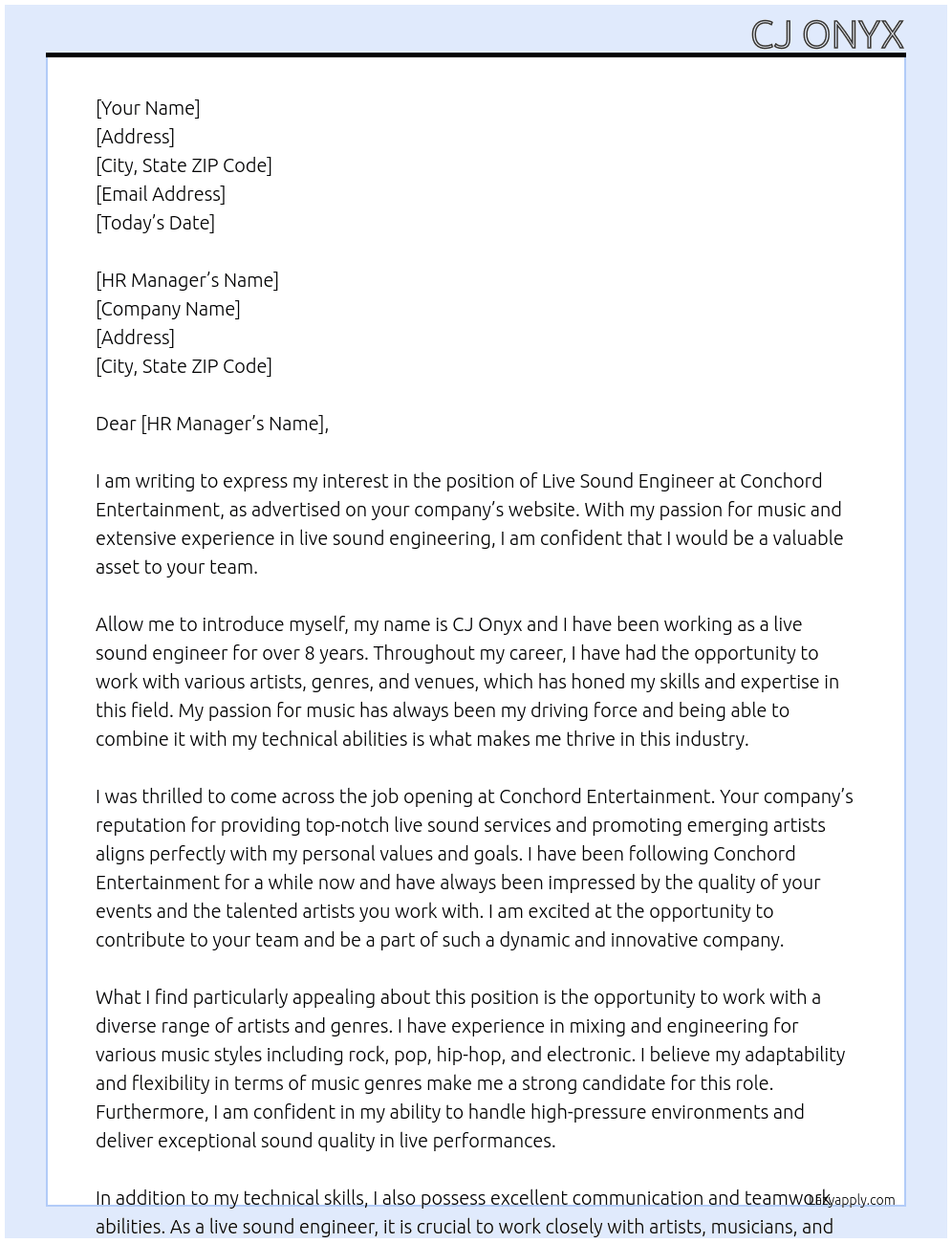 Live Sound Engineer At Conchord Entertainment Cover Letter
