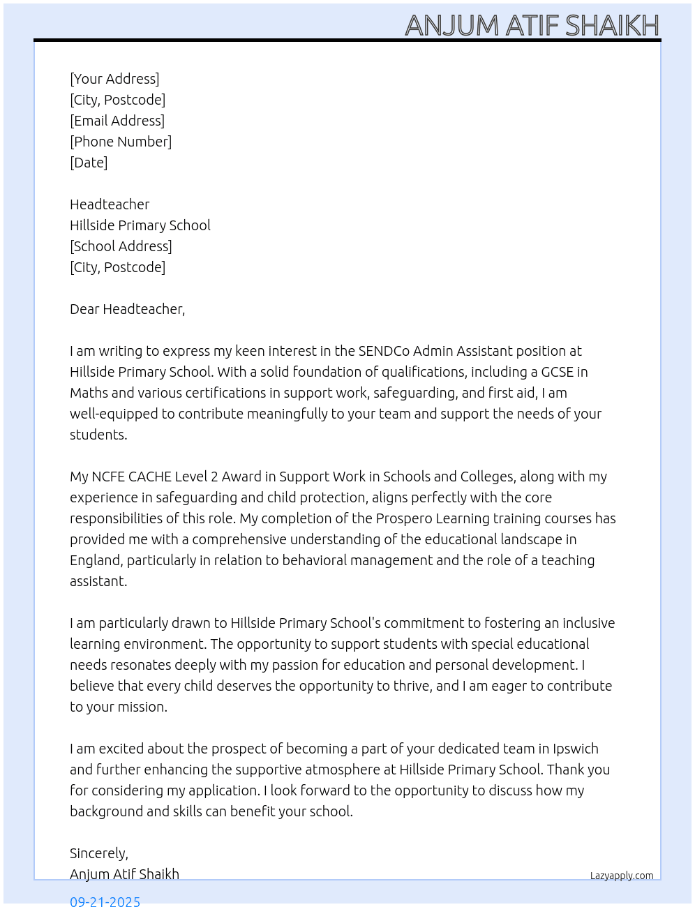 SENDCo Admin Assistant At Hillside Primary School Cover Letter