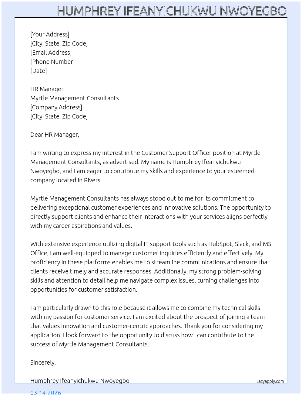 Cover letter for customer support officer - LazyApply