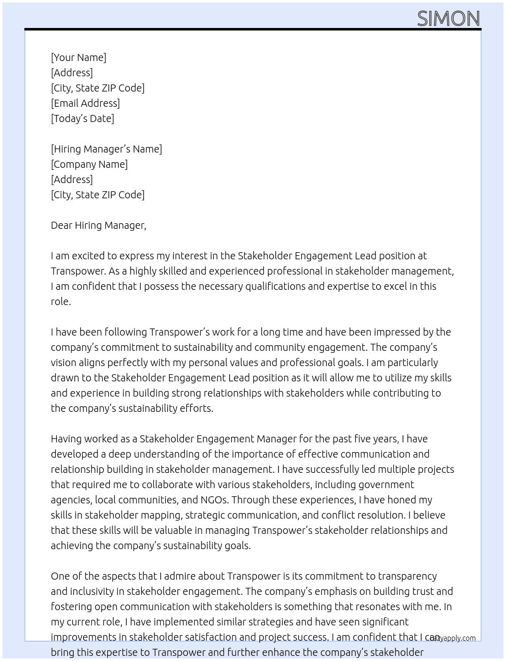 Stakeholder Engagement Lead At Transpower Cover Letter