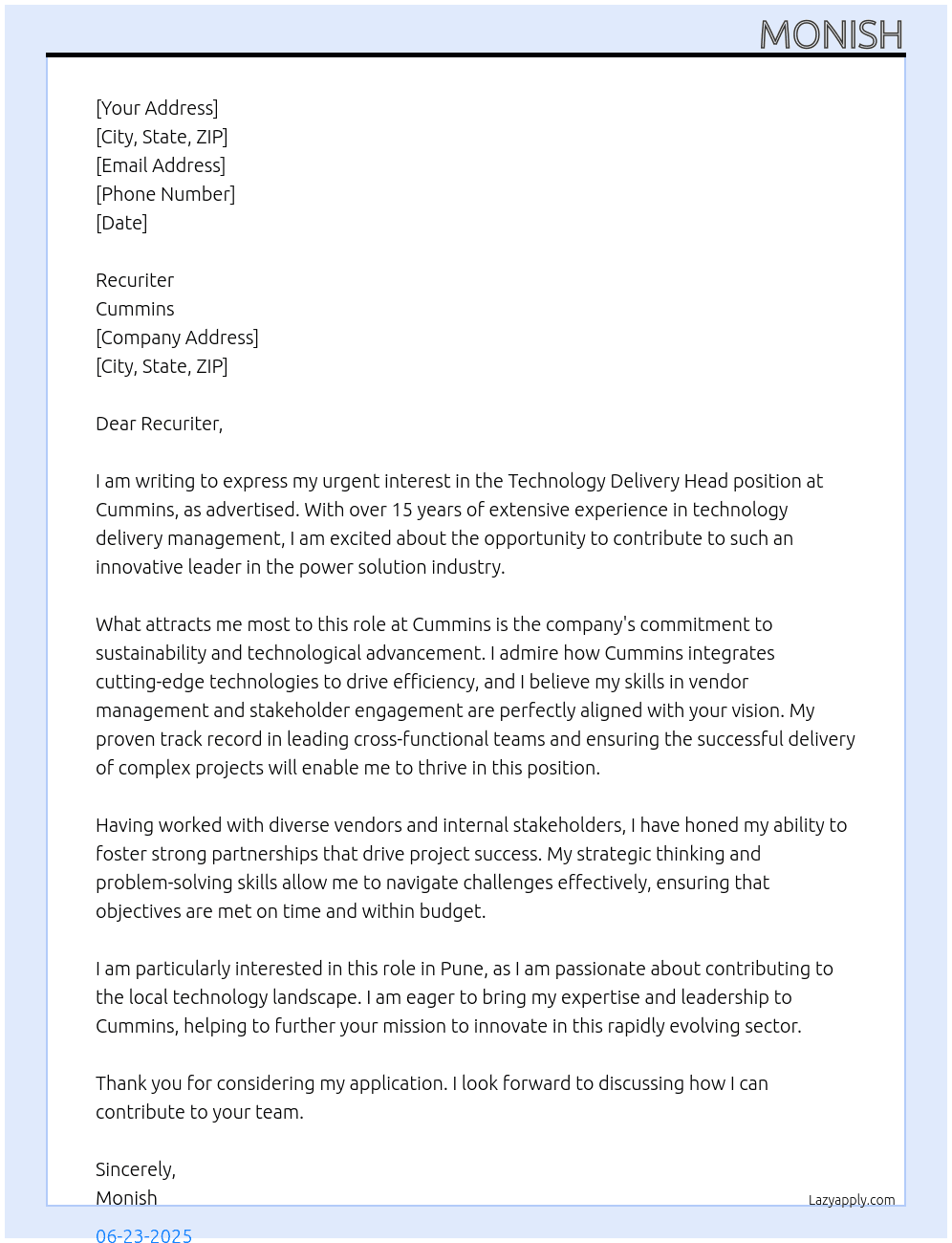 Technology Delivery Head At Cummins Cover Letter