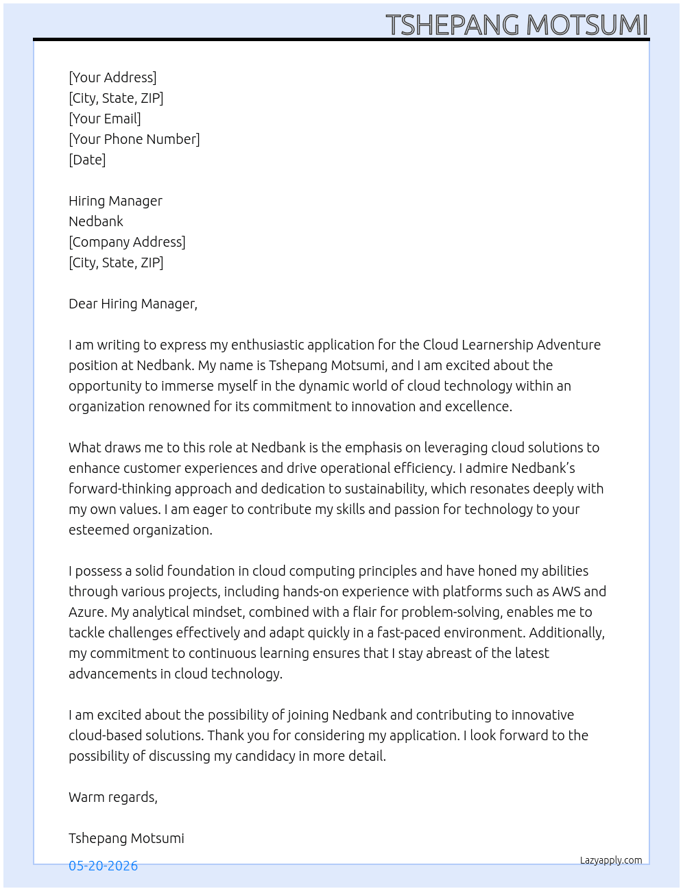 Cloud Learnership Adventure At Nedbank Cover Letter