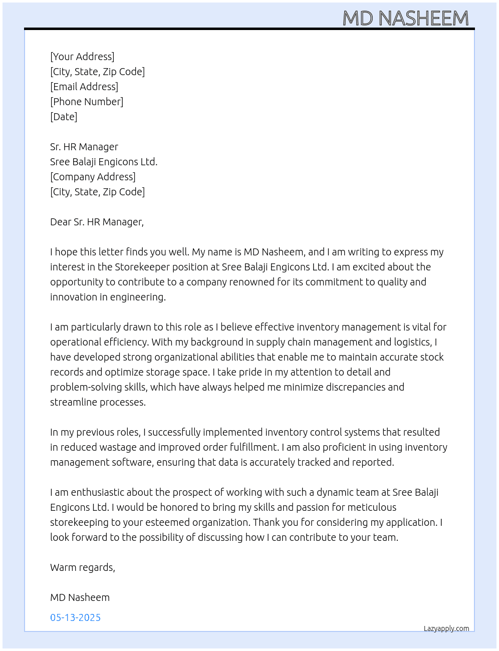 STOREKEEPER  At Sree Balaji Engicons Ltd. Cover Letter