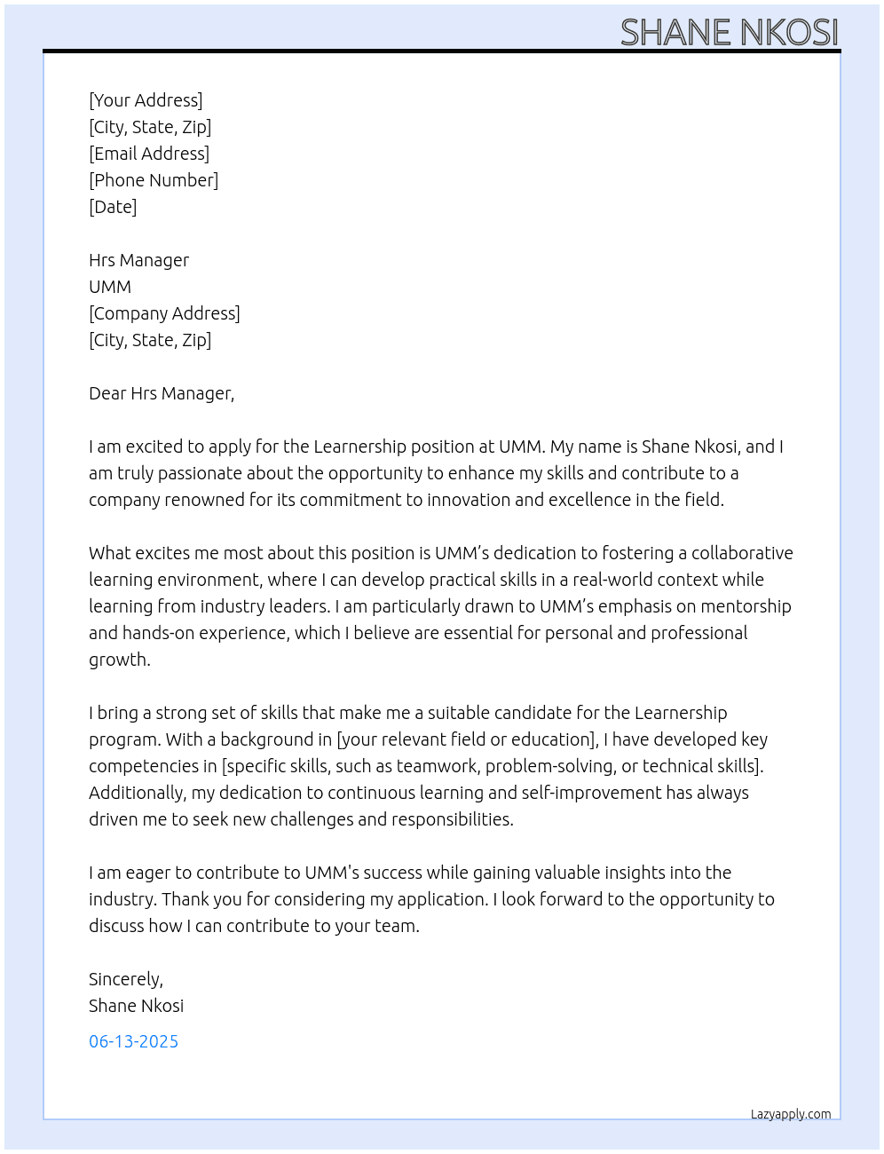Learnership At UMM Cover Letter