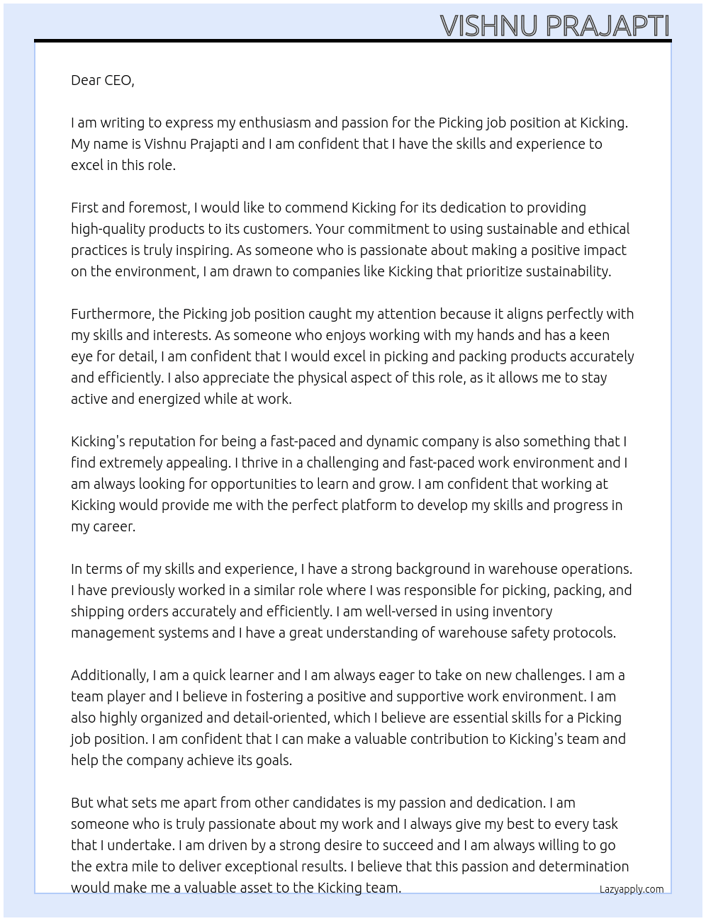 Picking job At Kicking Cover Letter
