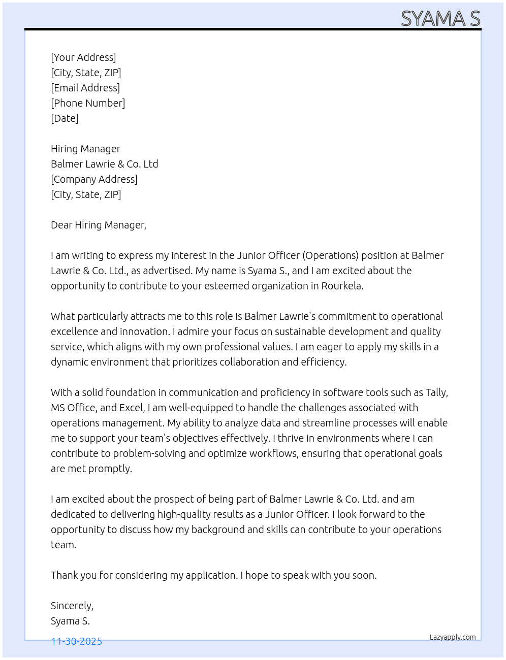 Junior officer ( operations ) At Balmer lawrie & co Ltd Cover Letter