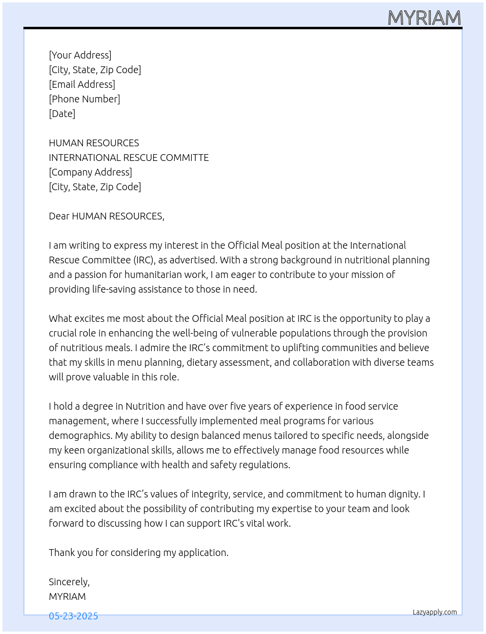OFICIAL MEAL At INTERNATIONAL RESCUE COMMITTE Cover Letter