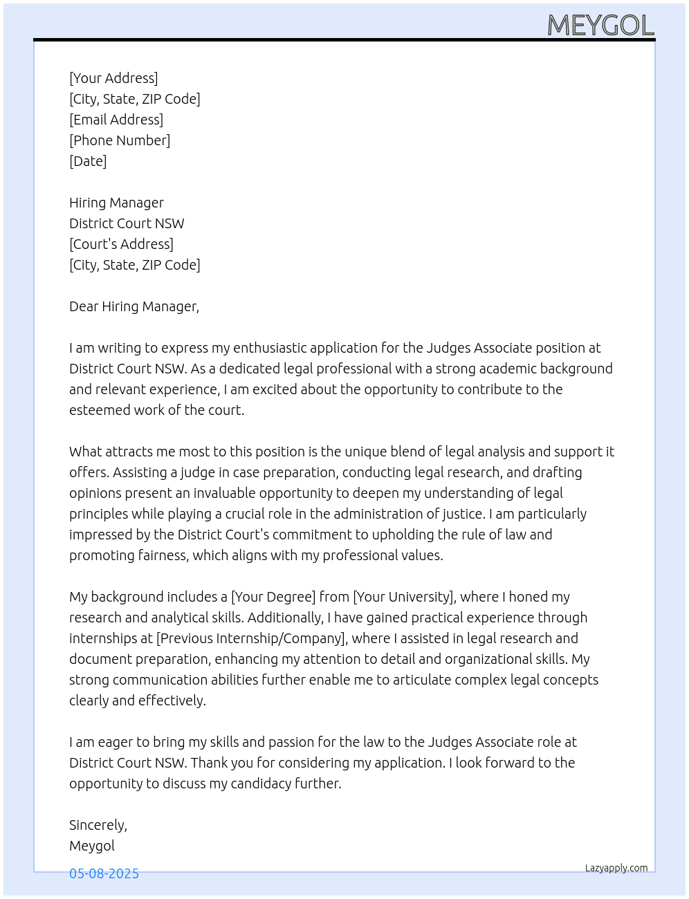 Judges Associate  At District Court NSW  Cover Letter
