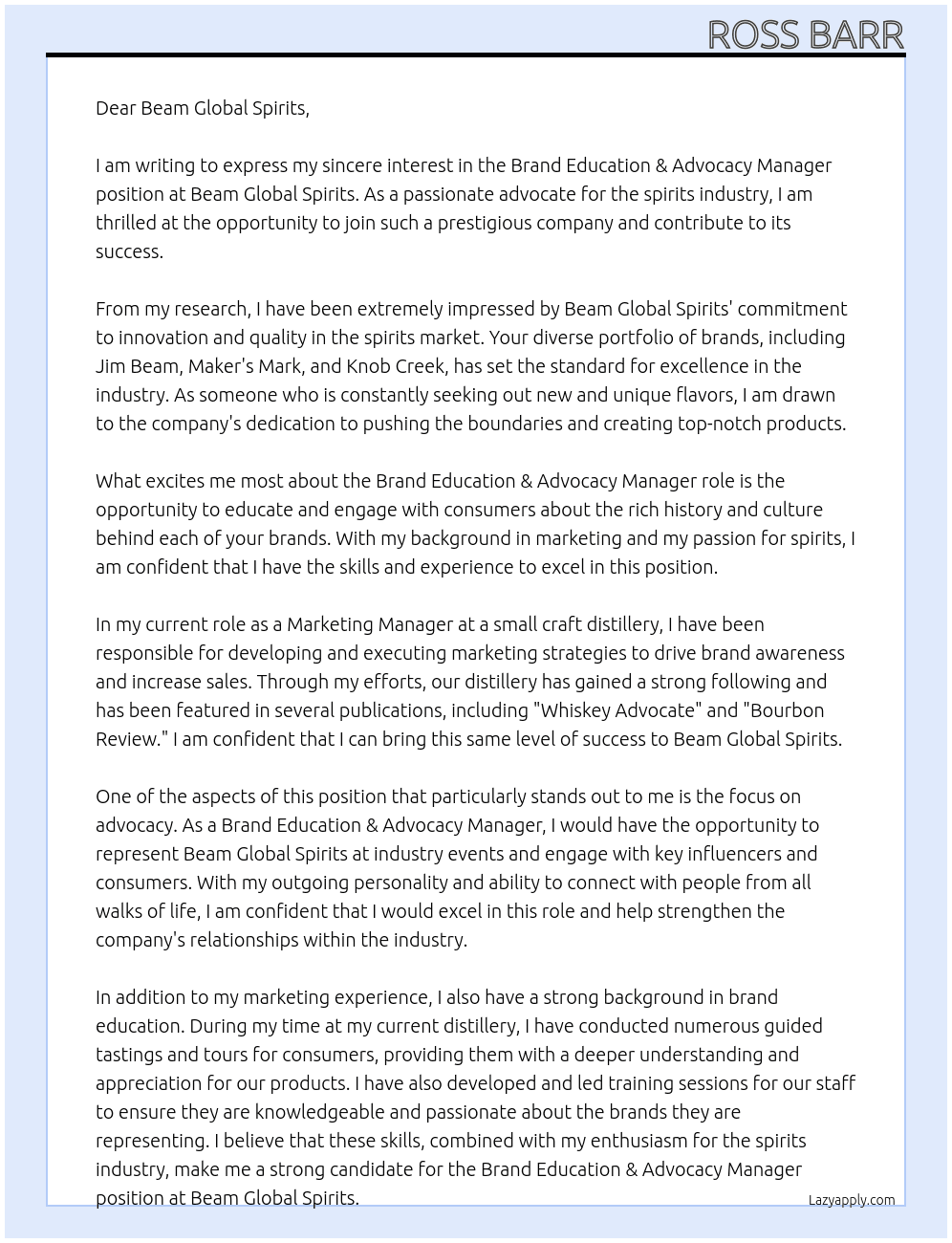 Brand Education & Advocacy Manager At Beam Global Spirits Cover Letter