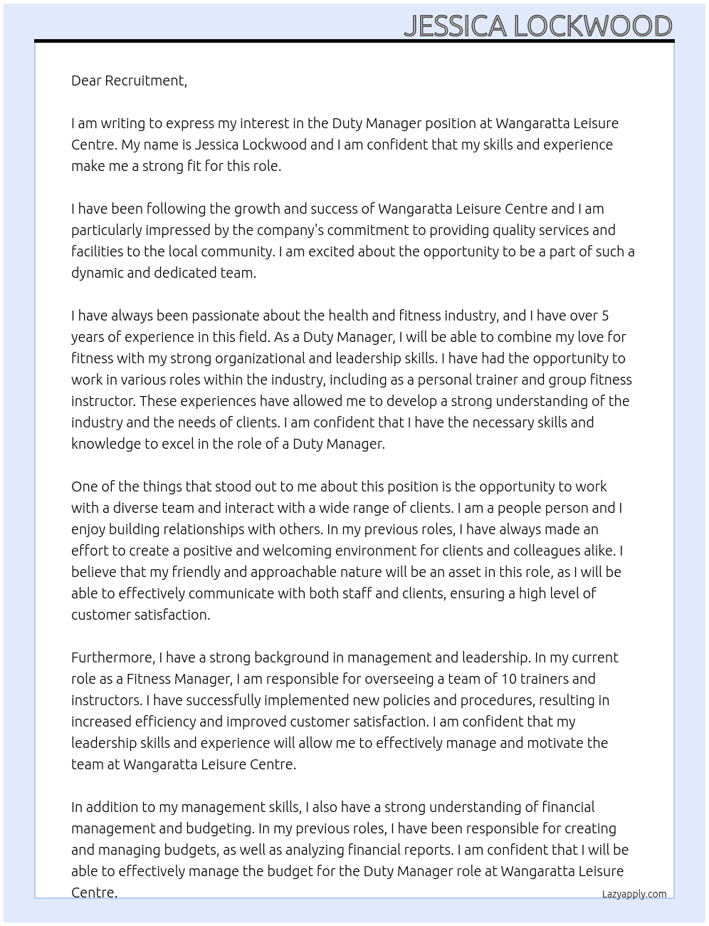 Duty Manager At Wangaratta Leisure Centre  Cover Letter