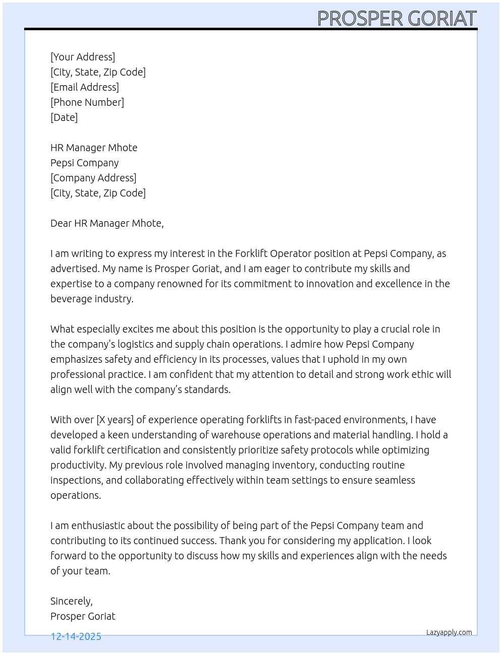 Forklift Operator At Pepsi Company Cover Letter