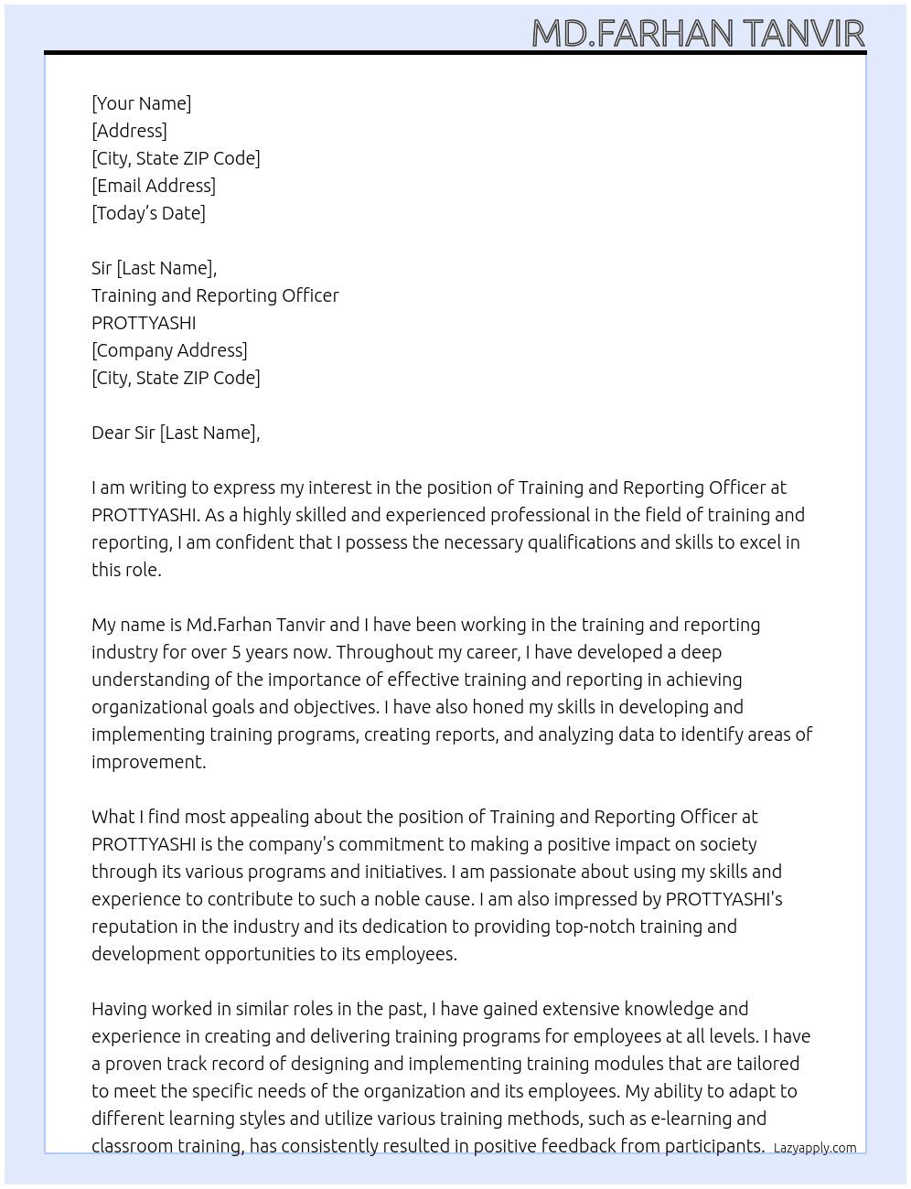 Training and Reporting Officer At PROTTYASHI Cover Letter