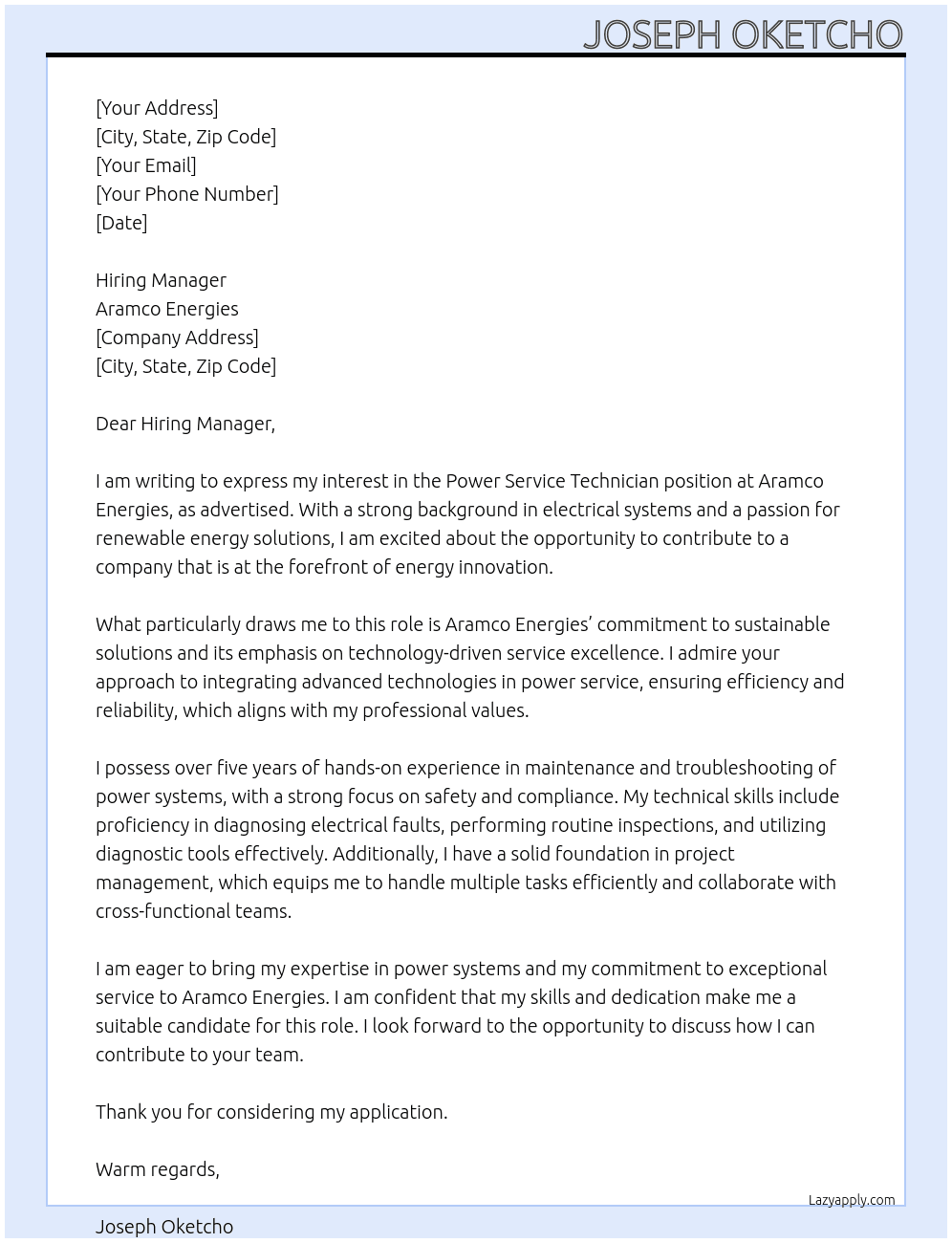 Power Service Technician At Aramco Energies Cover Letter