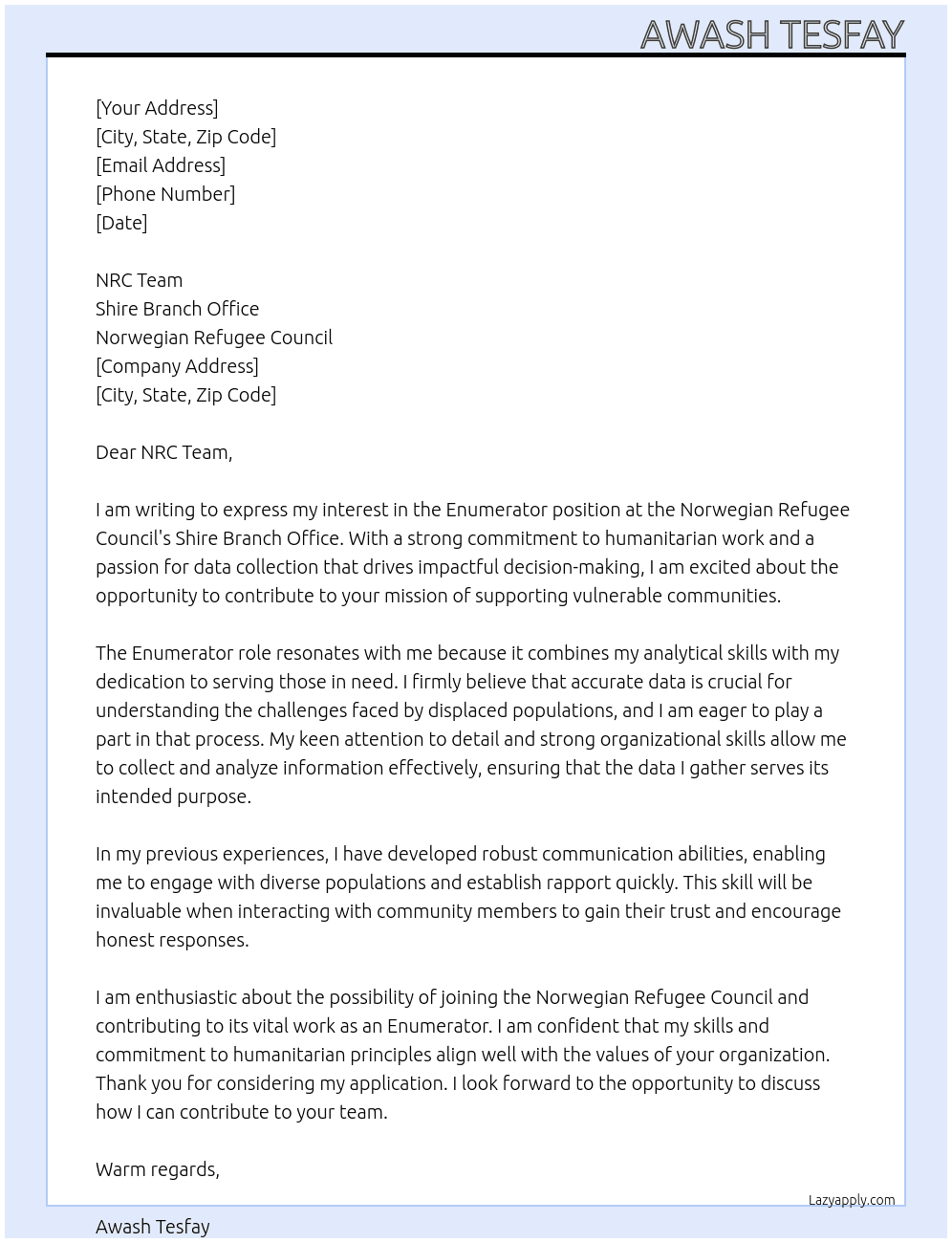 Enumerator At Norwegian Refugee Council Cover Letter