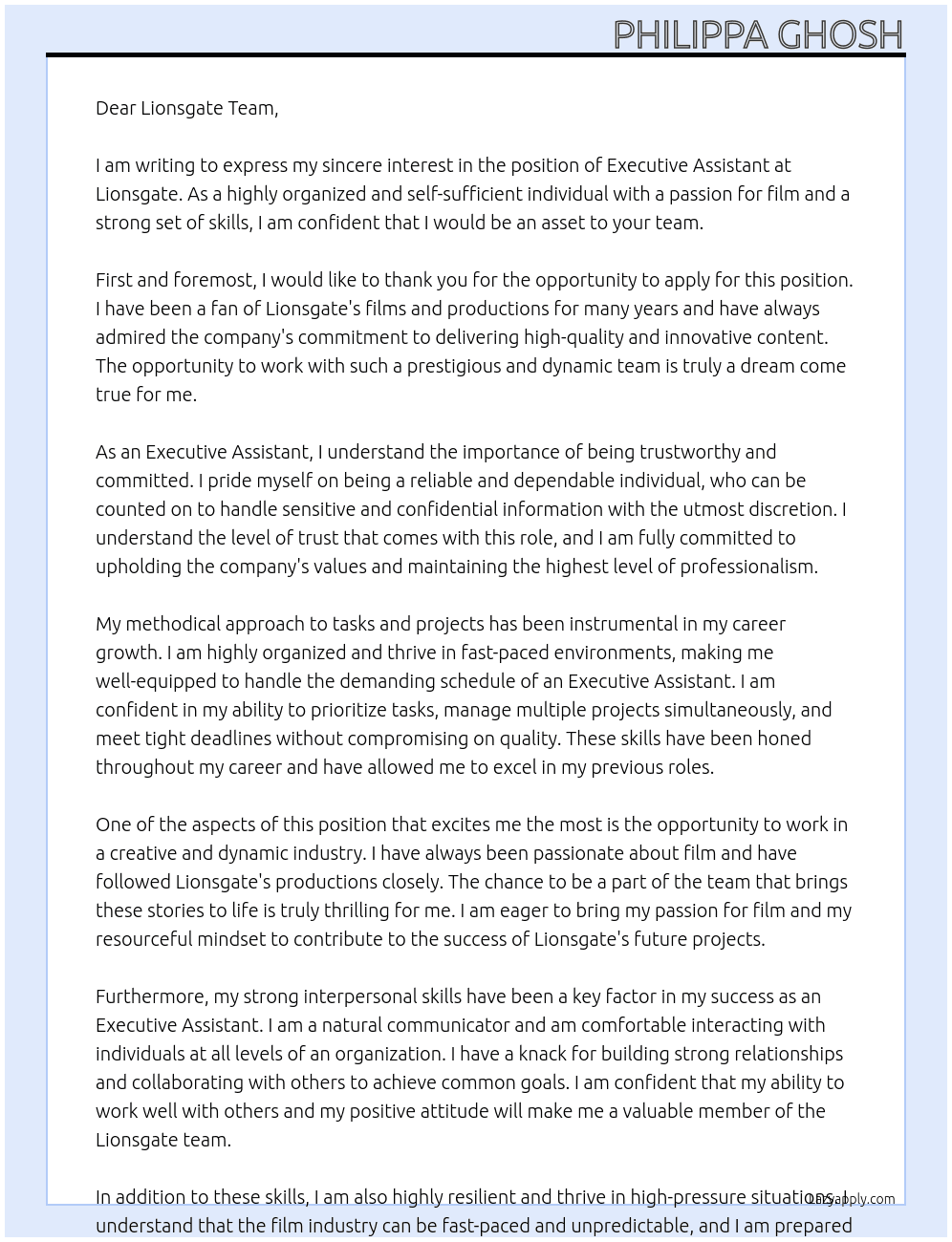 Executive Assistant At Lionsgate Cover Letter