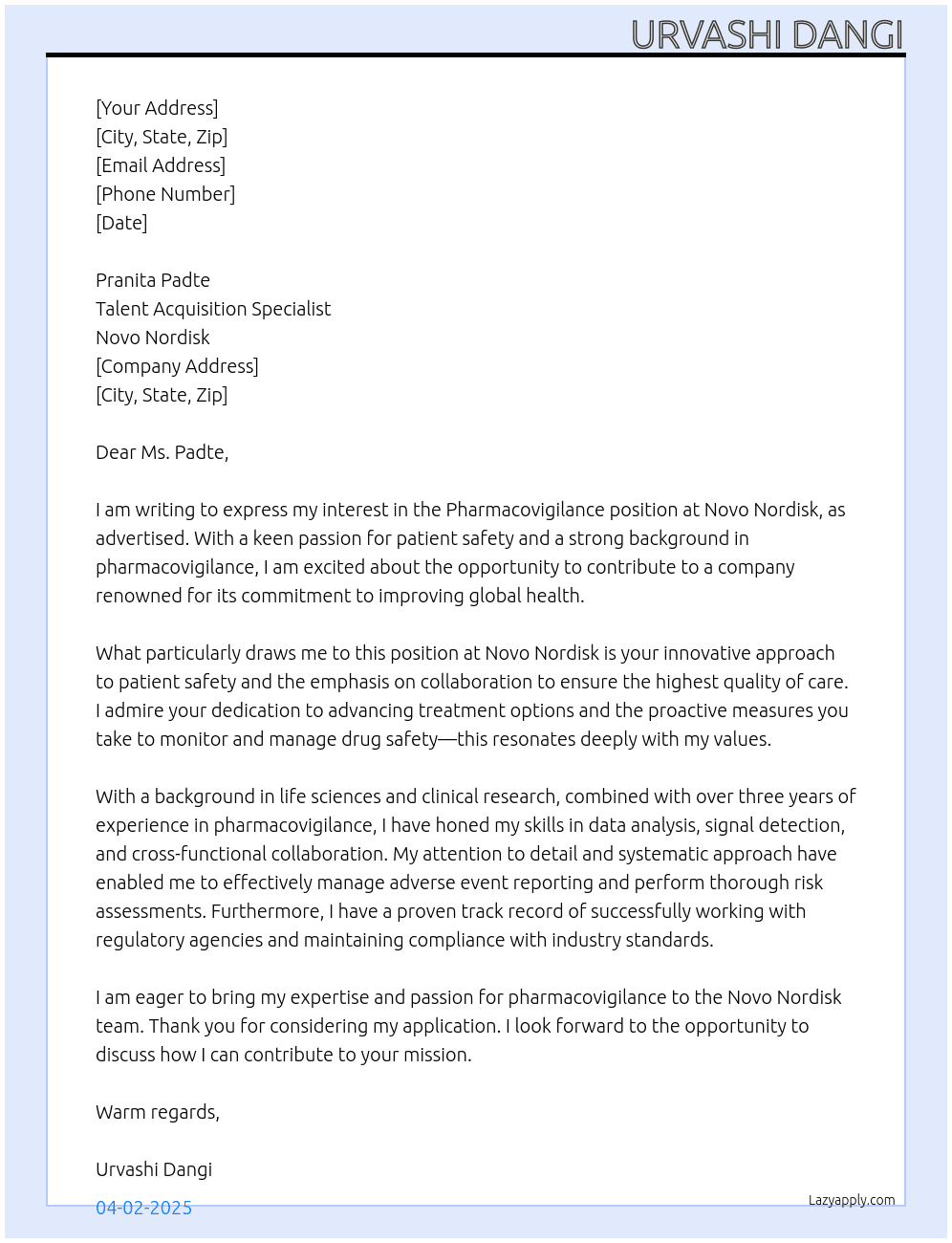 pharmacovigilance At novo nordisk Cover Letter