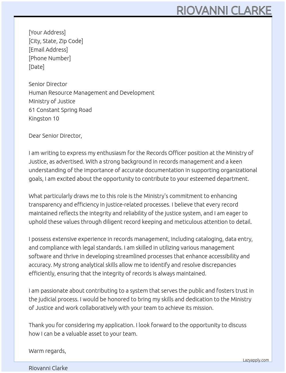 Records Officer At Ministry of Justice  Cover Letter