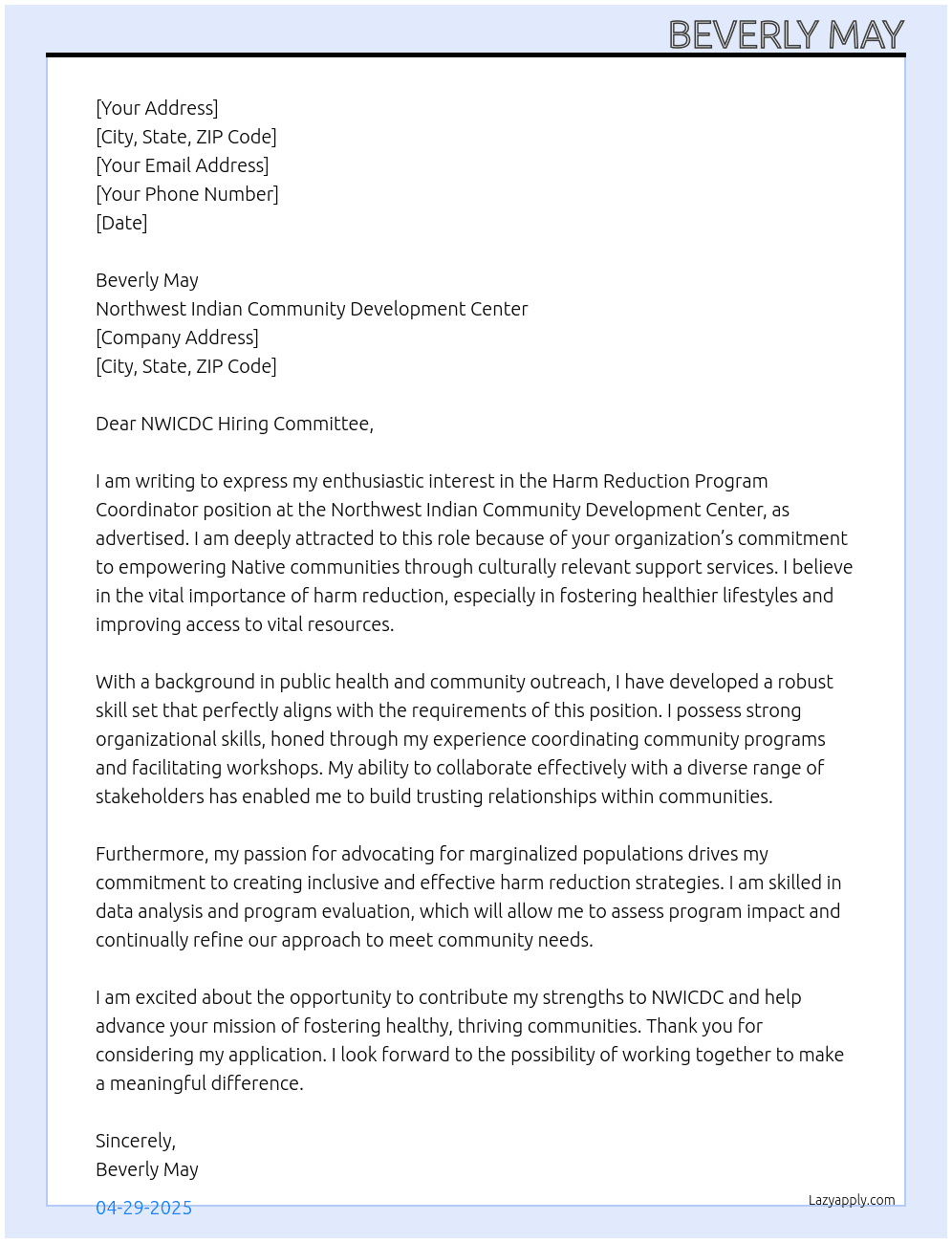 Harm Reduction Program Coordinator At Northwest Indian Community Development Center Cover Letter