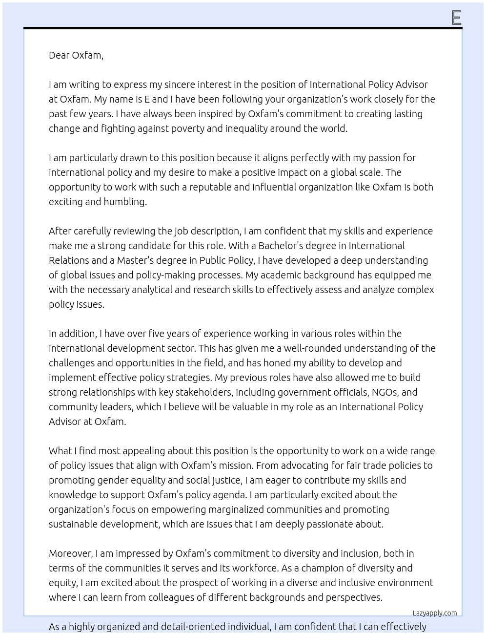 International policy advisor At Oxfam Cover Letter