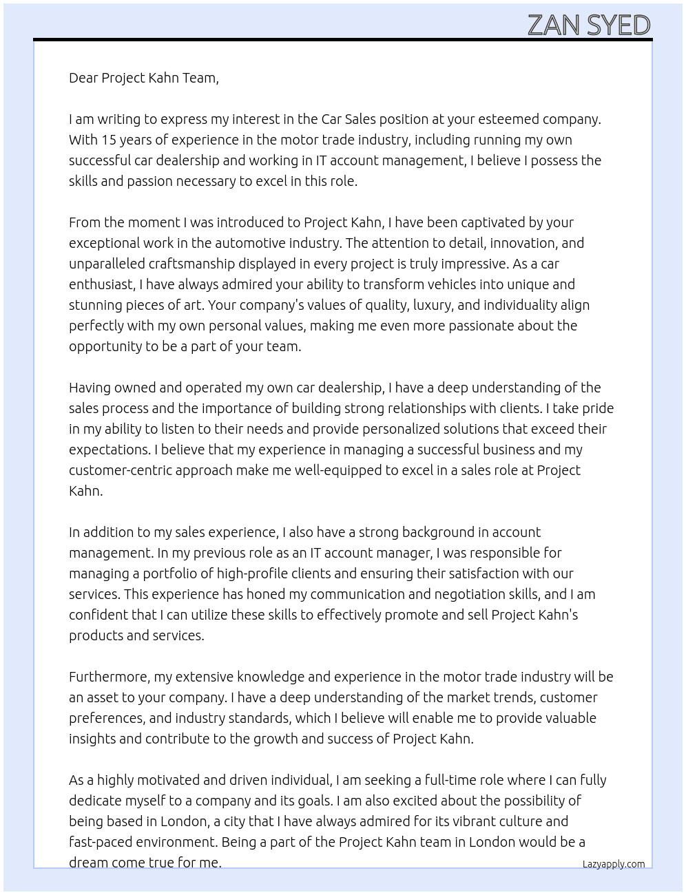 Car Sales At Project Kahn Cover Letter