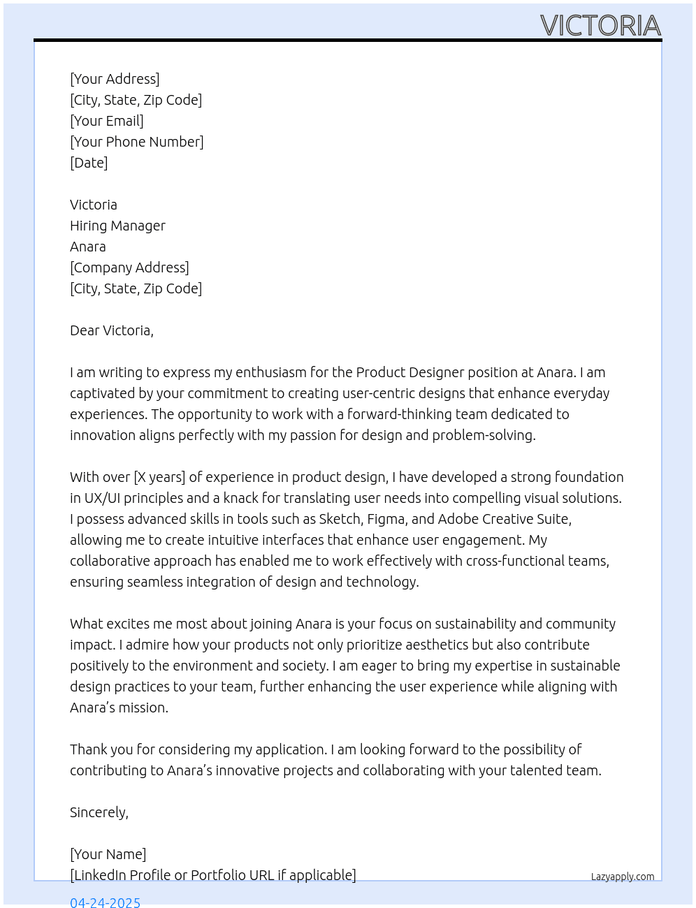 product designer At Anara Cover Letter