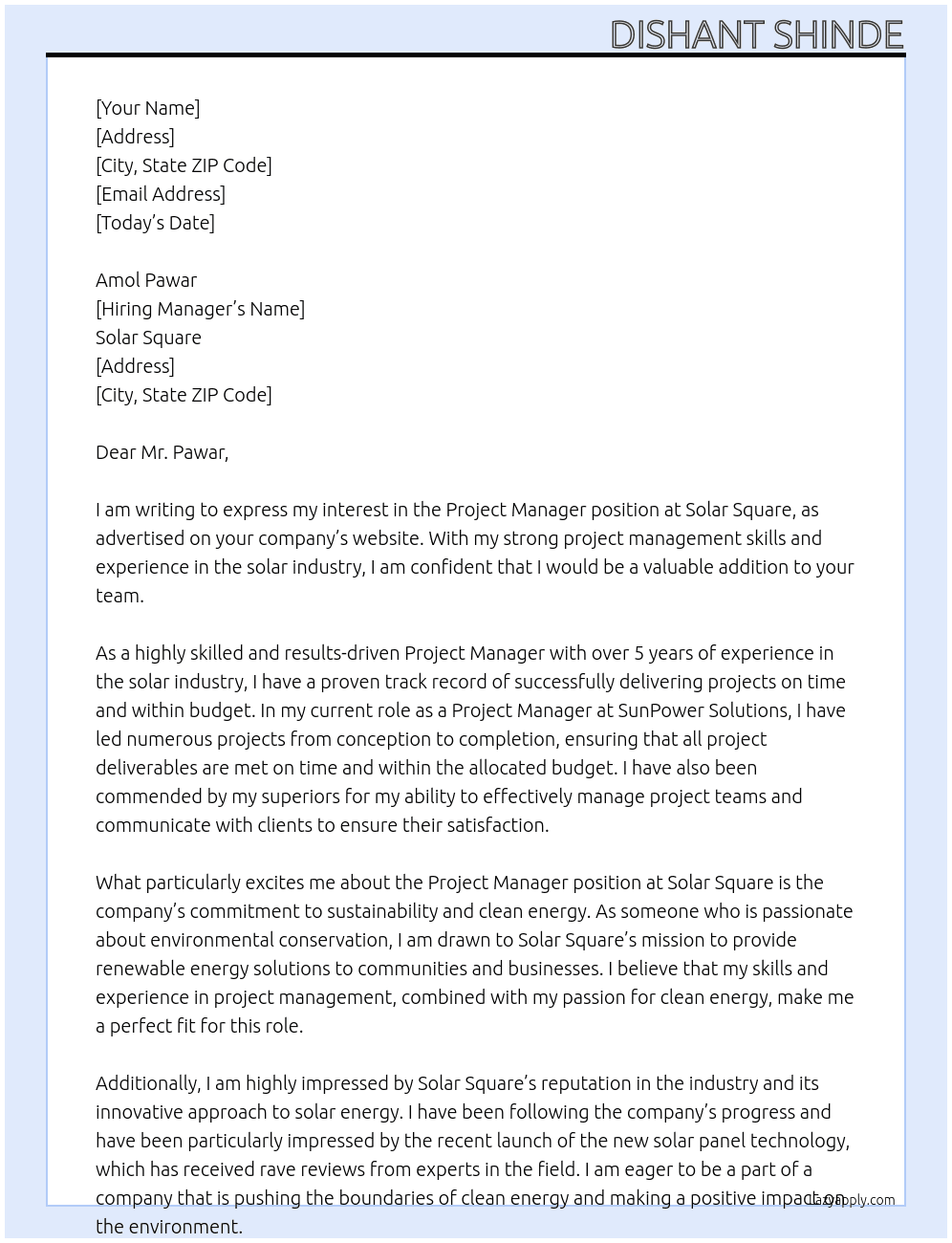 Project Manager At Solar square Cover Letter