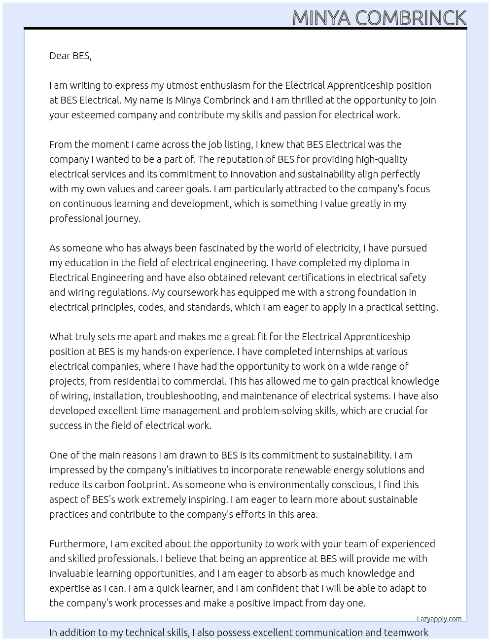 Electrical Apprenticeship At BES Electrical Cover Letter