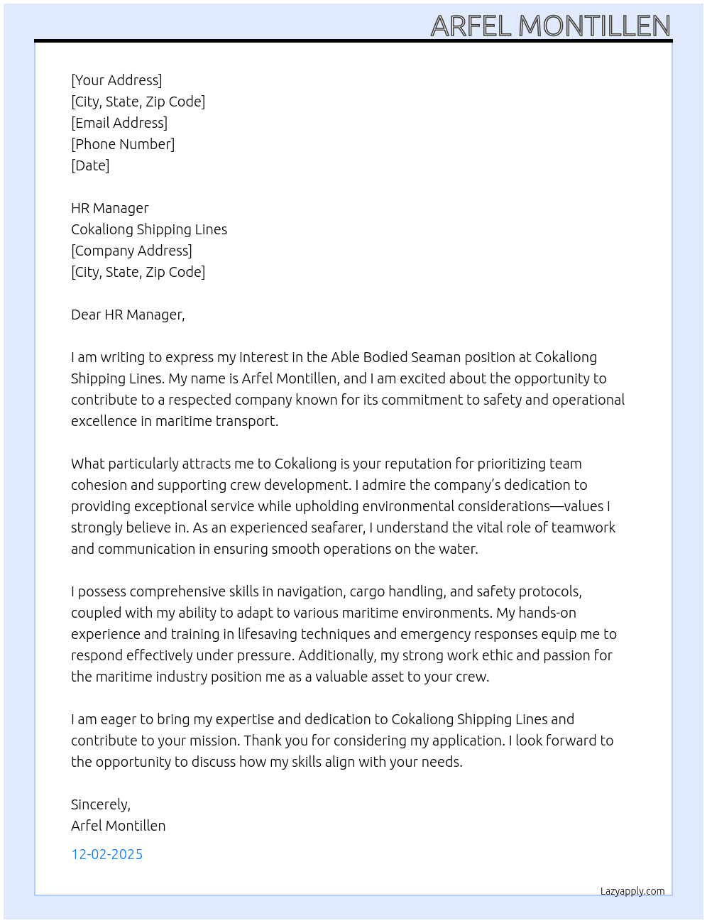 Cover letter for able bodied-seaman - LazyApply