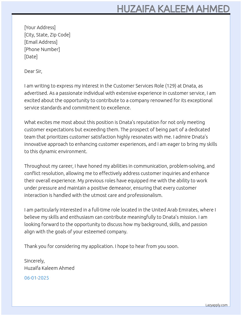 Cover letter for customer services role 129 - LazyApply