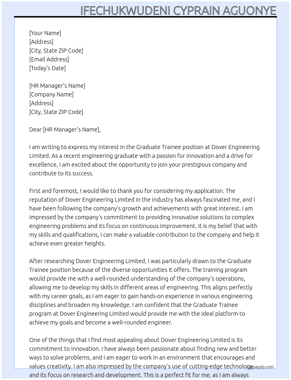 Graduate Trainee  At Dover engineering limited  Cover Letter