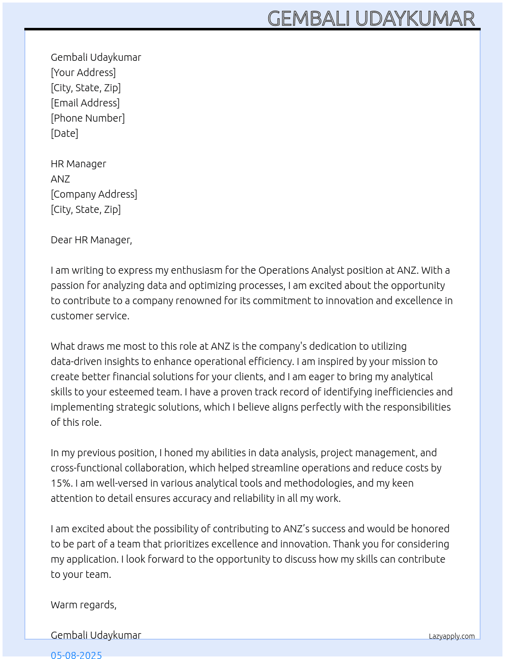 Operations anylist  At ANZ Cover Letter