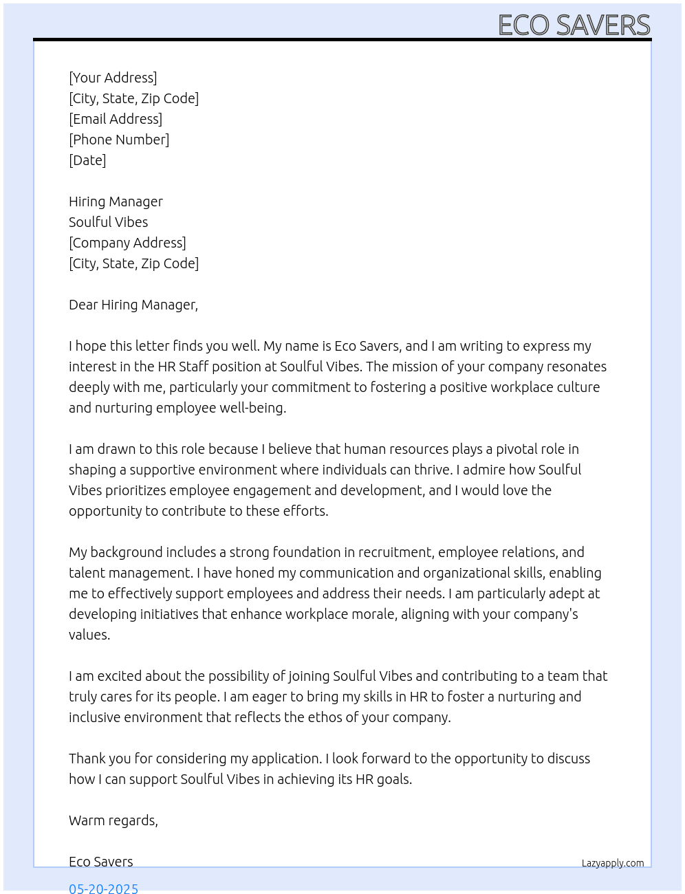 HR Staff At Soulful Vibes Cover Letter