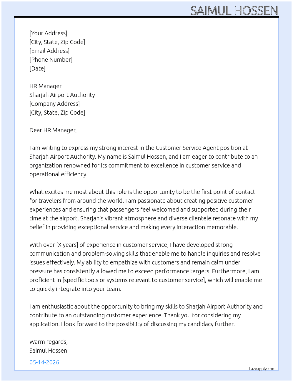 Customer service Agent  At  Sharjah Airport authority  Cover Letter