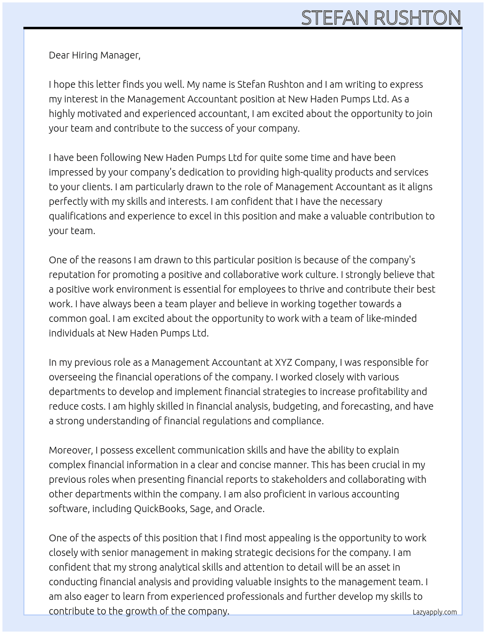 Management Accoutant At New Haden Pumps Ltd Cover Letter