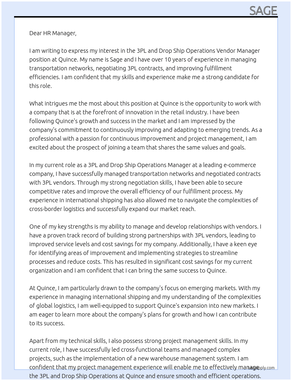 3PL and Drop Ship Operations Vendor Manager At Quince Cover Letter