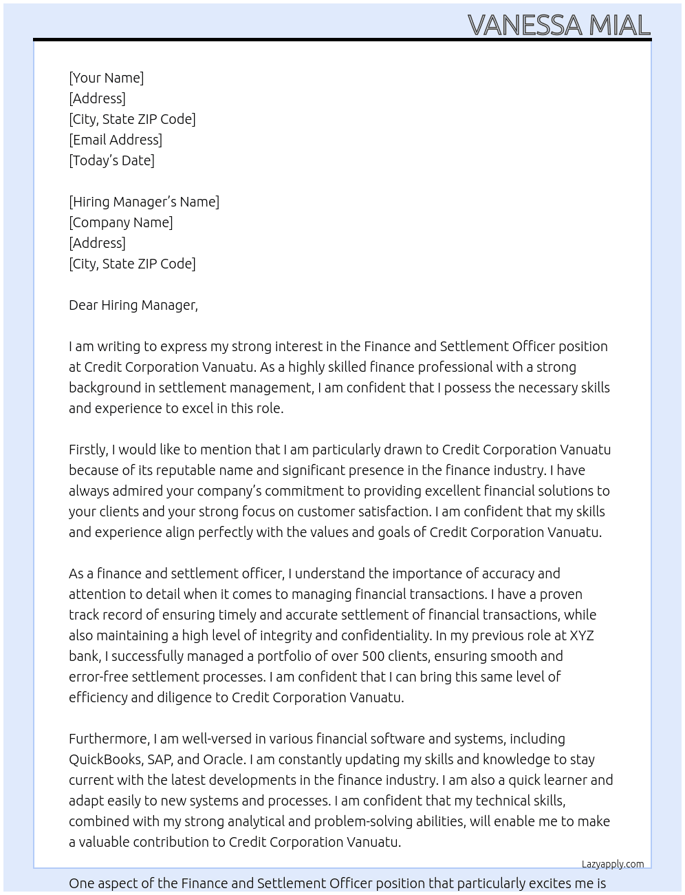 Finance and Settlement Officer At Credit Corporation Vanuatu  Cover Letter