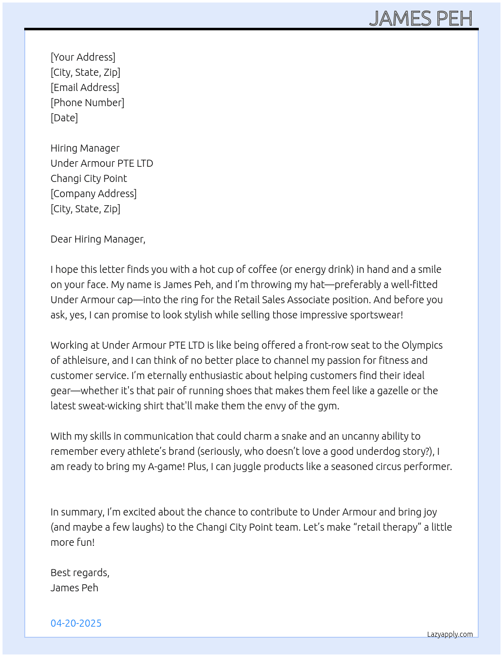 Retail Sales Associate  At UNDER ARMOUR PTE LTD Cover Letter