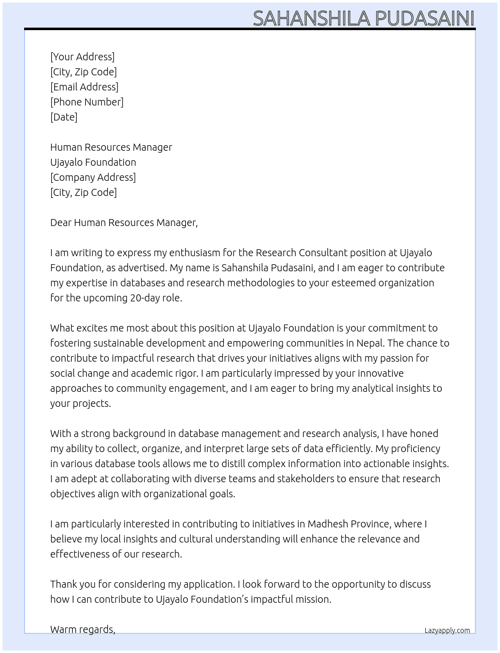 Cover letter for research consultant - LazyApply