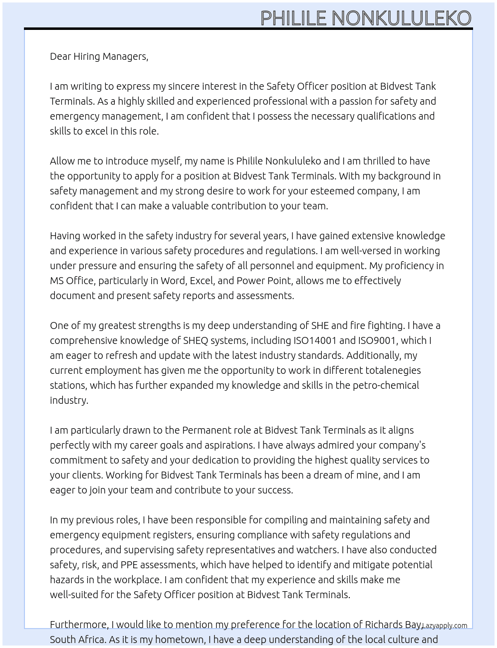 Safety officer  At Bidvest Tank Terminals  Cover Letter