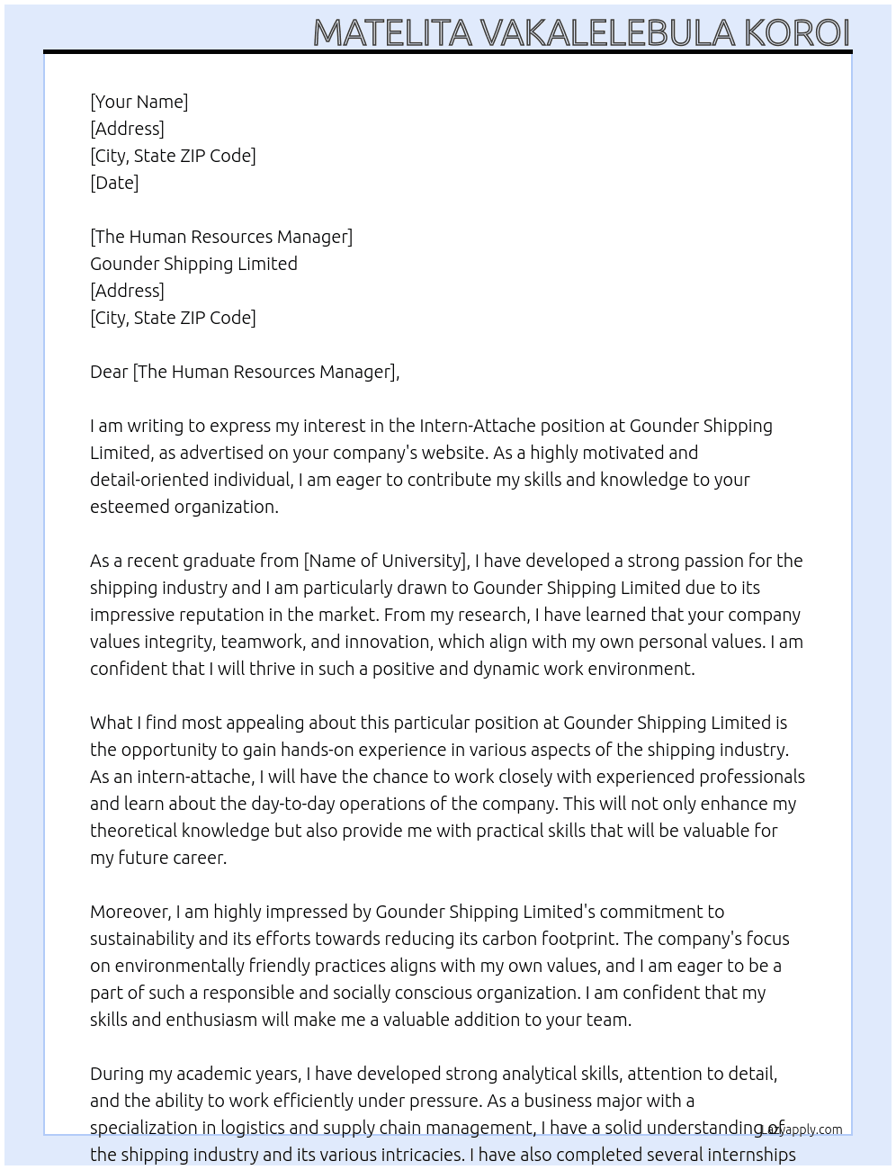Intern- Attache At Gounder Shipping Limited Cover Letter