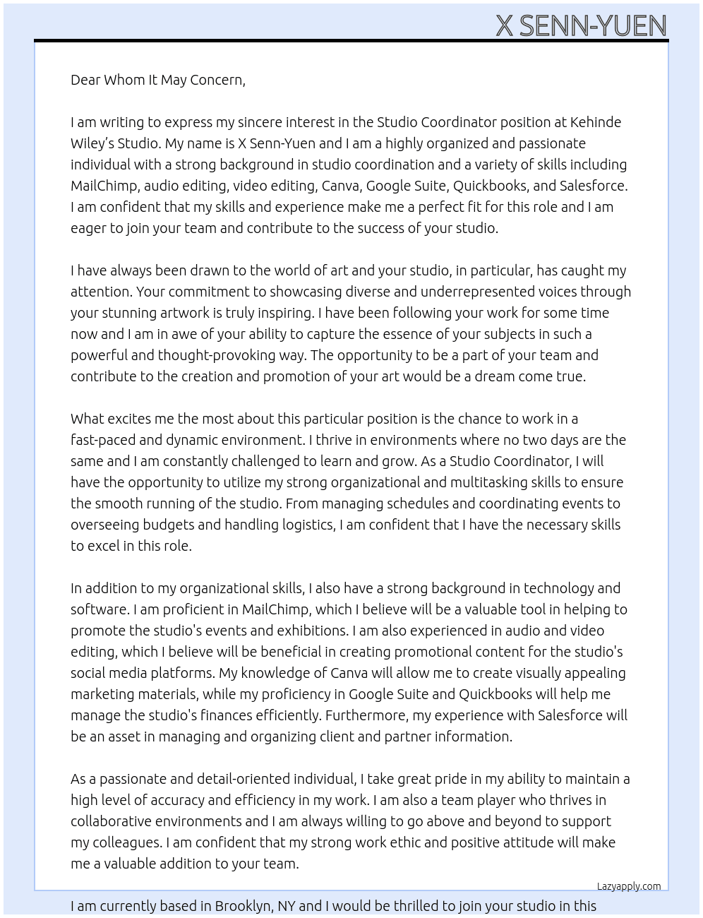 Studio Coordinator At Kehinde Wiley’s Studio Cover Letter