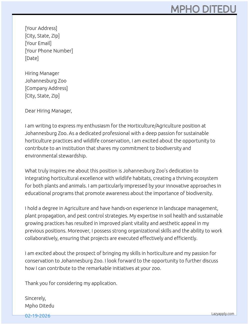 Horticulture/Agriculture  At Johannesburg Zoo Cover Letter