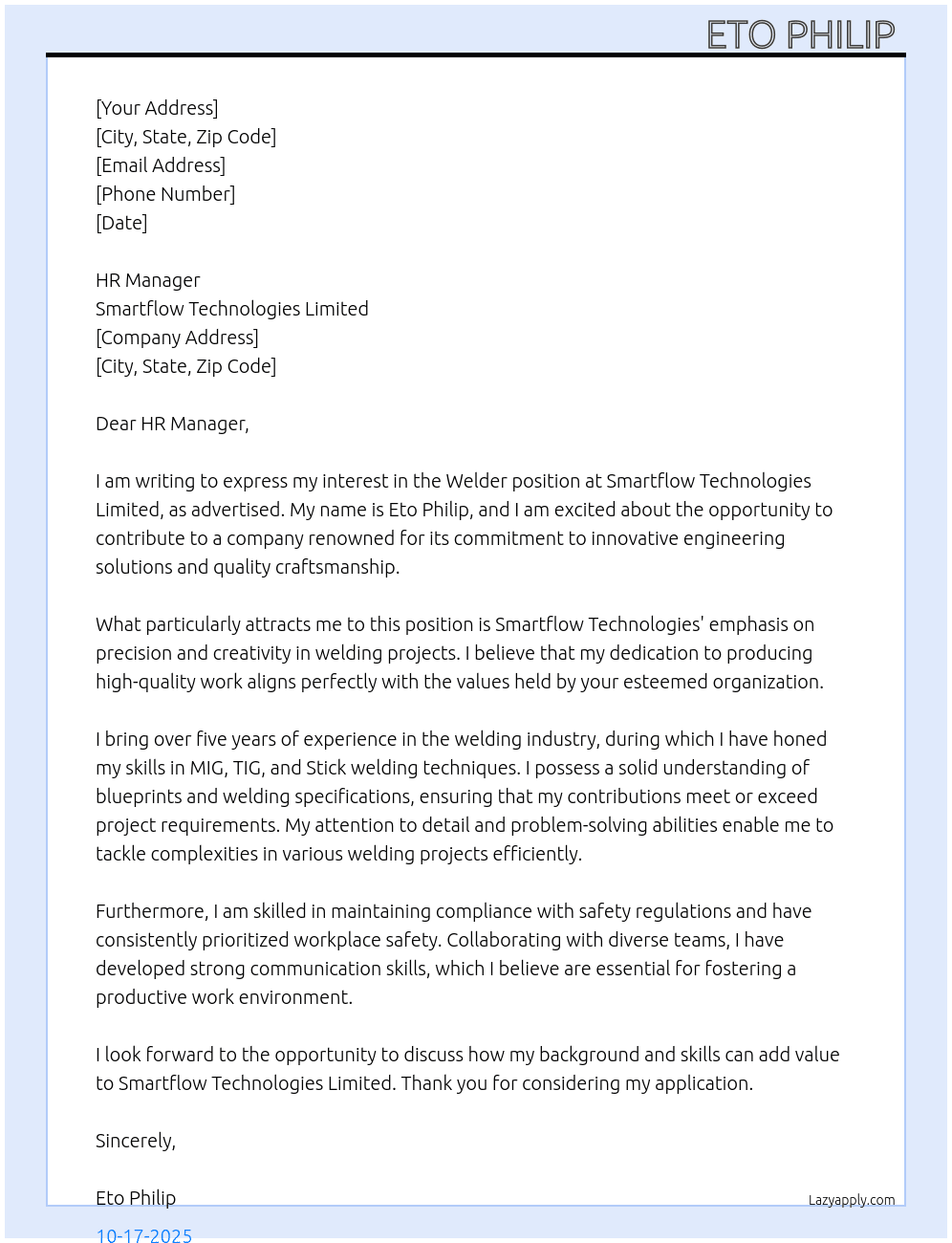 Welder  At Smartflow technologies limited  Cover Letter