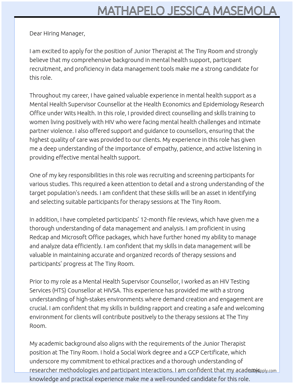 Junior Therapist  At The Tiny Room Cover Letter