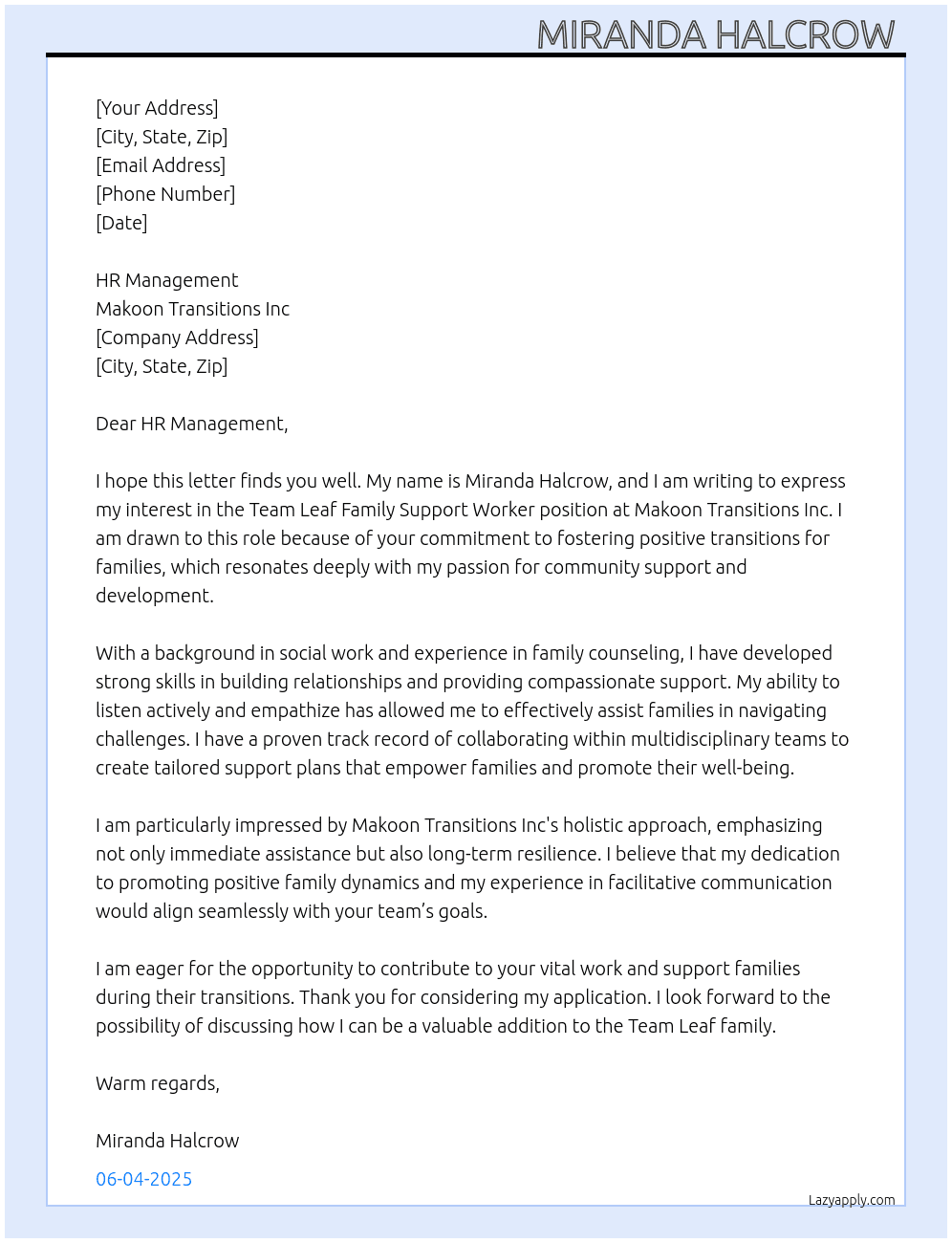 Team leaf family support worker At Makoon transitions inc  Cover Letter