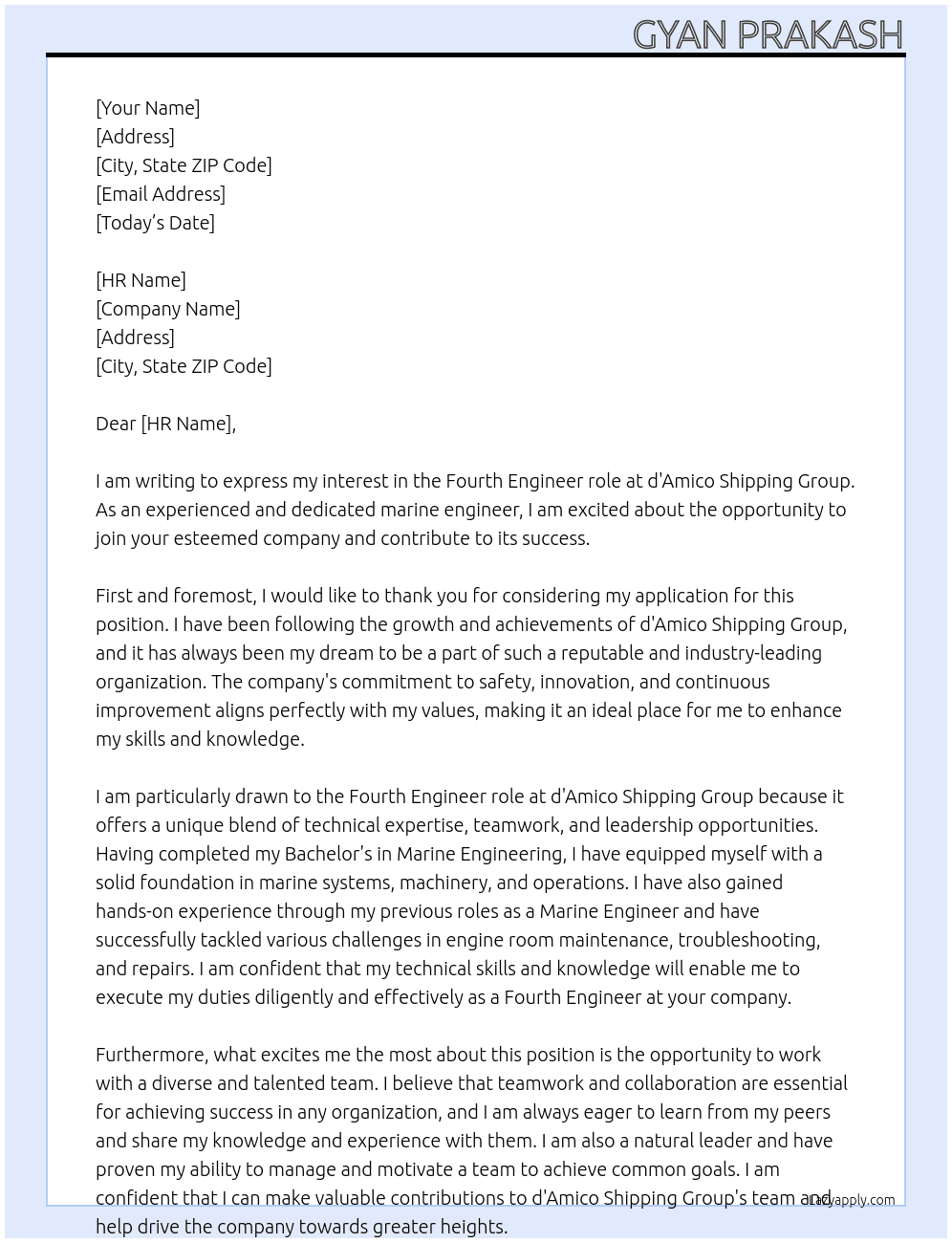 Cover letter for fourth engineer role - LazyApply